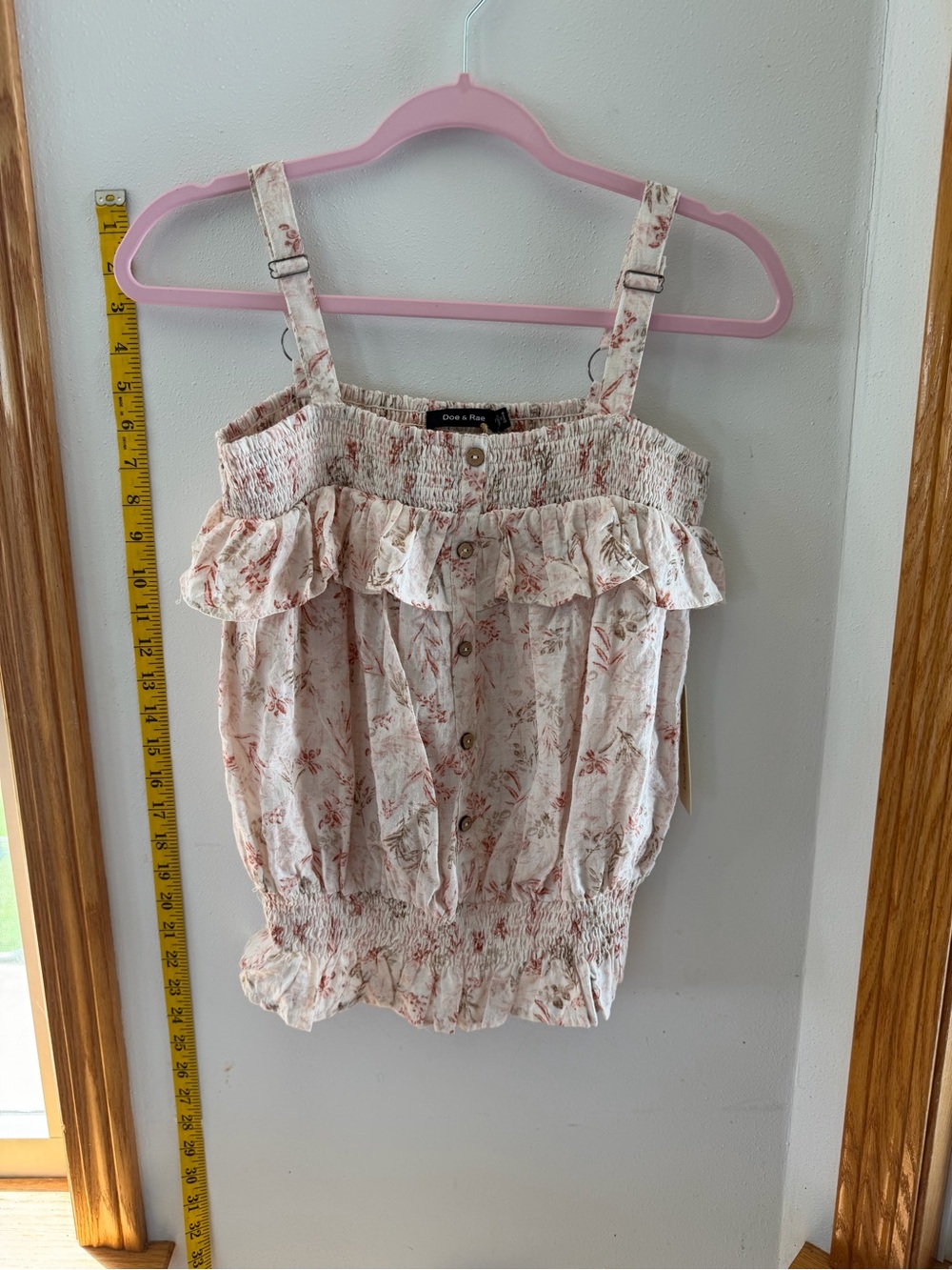 Doe & Rae Cream Pink Floral Ruffle Smocked Tank